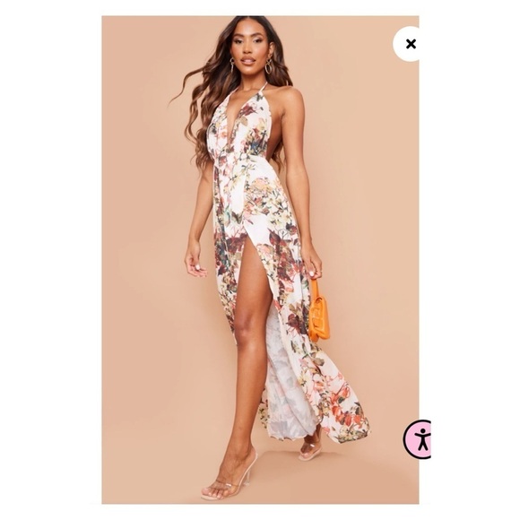 PRETTY LITTLE THING White Floral Print Chiffon Halter Backless Maxi Dress US 12 - Picture 2 of 7
